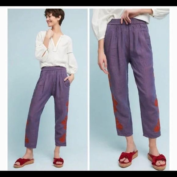 Anthropologie Pants - Anthropologie 100% linen purple embroidered linen pants size medium